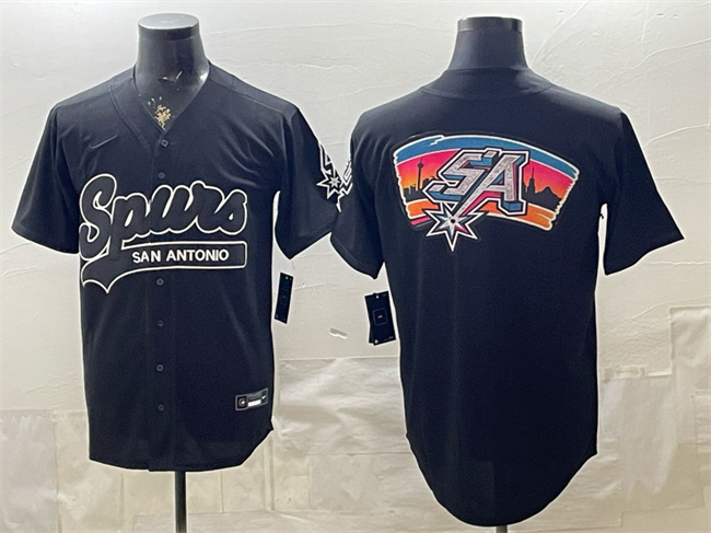 Men's San Antonio Spurs Team Big Logo Black Stitched Baseball Jersey Men's San Antonio Spurs Team Big Logo Black Stitched Baseball Jersey